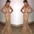 Elegant champagne gold sequin mermaid evening dress with a sexy deep V-neckline - S / Dresses / Gold
