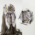 Floral satin silk scarf in lilac and yellow-green finish used as a hair band - L7354-Orchid