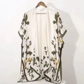 Summer lightweight white floral satin shawl cape with sleeve holes and green flower print - One Size / White Camellia