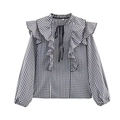 Klassieke zwart-witte gingham blouse met ruches, vetersluiting en lantaarnmouwen - XS / Zwart Wit