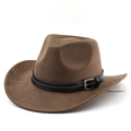 Classic brown suede western cowboy hat with leather band and metal buckle on white background - M (56-58cm) / Coffee