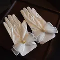 Elegant white satin bridal gloves with faux pearls and large mesh bow accent - Luxury White Satin Mesh Bowknot Pearl (ST098)