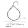5mm silver stainless steel rope chain bracelet with adjustable lobster clasp closure - 5mm / Steel