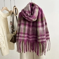 Detail of soft mohair texture and fringe on purple and olive green checkered scarf - Rose Purple