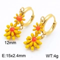 Golden titanium steel hoop earrings featuring yellow daisy charms with orange centers - Gold Double Layer Yellow Orange Daisy Earrings (KE112905-HF)