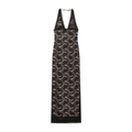 Elegant black halter lace maxi dress with open back and scalloped hem on white background - XS / Black