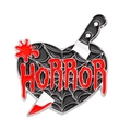 Dark horror enamel pin featuring a black heart with spiderwebs and a dagger - Heart & Dagger