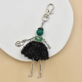 Handmade fashion doll keychain with dark green bead head and black glitter dress - 29-Dark Green Bead Black Dress Doll