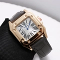Classic square men's quartz watch with rose gold case, Roman numerals and grey leather strap - Grey Strap White Dial