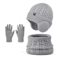 Kids grey knitted winter set including pom-pom hat, neck gaiter, and touchscreen gloves - 3-Piece Set - Solid Grey