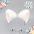 White handmade plush cat ear headband set with pink inner fur and bell accessories - One Size