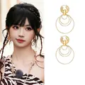 Chic multi-layered concentric gold hoops with textured U-shape drop earrings for women - Multi-layer Round Combination (HE29135) / Gold