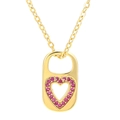 Retro gold lock pendant with heart cutout and pink zircon stones on O-chain necklace - Gold - Red Zircon