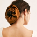 Oversized caramel satin scrunchie with pleated silk texture for ponytail styling - Caramel