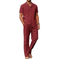 Men's casual summer two-piece set in maroon red featuring lapel shirt and trousers - M / Red