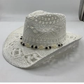 Detail of white woven cowboy hat featuring hollow patterns and shell bead decoration - One Size(55-60cm) / White