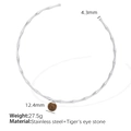 Bamboo style stainless steel collar necklace with a brown tiger eye stone pendant - XL147 Adjustable Silver Collar with Tiger Eye