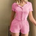 Conjunto de punto acanalado rosa con top de manga corta y pantalones con volantes - S / Rosa