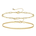 Set di due bracciali dorati a strati con catena a graffetta e cubana con ciondoli tondi - Set di catene a graffetta e cubane dorate