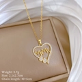 Macro detail of gold-plated heart pendant with MAMA letter carving and zircon inlay - G349 Diamond Titanium Steel Chain Copper Micro-set Pendant