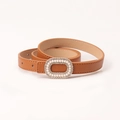 Brown faux leather skinny belt for women featuring a luxury pearl and rhinestone buckle - Camel