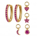 Detail of s925 silver needle hoop earrings with pink zircon heart and star pendants - Rose Red Zircon Gold