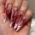 French long stiletto press-on nails with red flame marble design on white base - Red Flame Pattern (Glue Type)