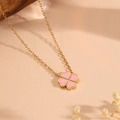 18K vergulde roestvrijstalen ketting met een roze emaille klavertje vier hart hanger - Roze Ketting