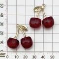 Pair of red cherry resin charms with golden leaves and stems for DIY jewelry - 1Pc Red Acrylic Cherry (29x27mm)
