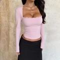 Slim fit pink long-sleeve ribbed top with elegant lace trim square neckline - S / Pink