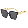 Modische quadratische Oversize-Sonnenbrille mit schwarzem Rahmen und Goldkettenbügeln - Schwarzer Rahmen Graue Gläser