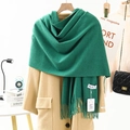 Deep green thick knit cashmere scarf with tassels styled on a camel wool coat - Bulky Yarn Style / 200x70cm / Grass Green
