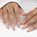 Detail of pink almond fake nails with golden french tips and metallic luster design - Bz1565 A Secluded Orchid In A Valley / Glue Type