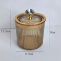 Amber glass cotton swab holder with vertical stripes and gold crystal lid handle - Diamond Handle / Amber