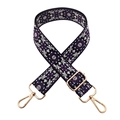 Detail of adjustable purple jacquard shoulder strap with golden metal spring hooks - No.5 Black with Purple / Gold Buckle