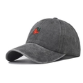 Close-up of strawberry embroidery on washed charcoal grey vintage cotton baseball cap - Army Green