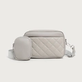 Minimalist light grey quilted crossbody bag set with small round coin purse charm - Gray