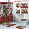 Christmas bathroom set detail showing red dog truck curtain and matching floor mats - Red Truck with Dogs Pattern (24-5)