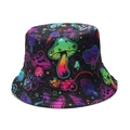 Gedetailleerde flat lay van een zwarte vissershoed met levendige neon paddenstoelen - M (56-58cm) / Zwarte Achtergrond Neon Paddenstoel en Sterren Stijl (C)
