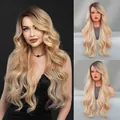 Long wavy ombre blonde synthetic wig with side part for a natural look - Orange Gold Root Dye