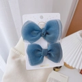 Set of two blue mesh bow hair clips for girls displayed on a white product card - Navy Blue Gauze Bow Pair