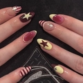 Almond-shaped press-on nails featuring star patterns and red-white stripes in vintage style - Wine Red Star & Stripe Style (JP4207)