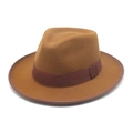 Chapeau Fedora classique en laine caramel avec ruban en satin brun et bord gansé - M (56-58cm) / Kaki