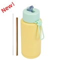 1L vacuum insulated bottle in matte yellow and mint green with straw and brush - 1 L / Pop-up Straw Lid / Light Green + Light Yellow