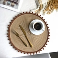 Round woven coaster with brown pom pom fringe made of cotton yarn for home decoration - 38cm Placemat / Tan