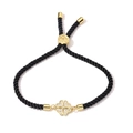 Bracciale regolabile in corda nera con ciondolo a quadrifoglio dorato e zirconi - Quadrifoglio
