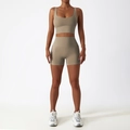 Ensemble de sport pour femme ton terre avec brassière col U et short taille haute à poches - 10/M / Short à Double Épaule Brun Sable