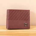Short bifold wallet for men in dark brown leather with woven texture and metal logo - Brown