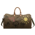 Borsa da viaggio in tela oliva con stampe graffiti colorate e manici in pelle marrone - Verde