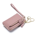 Dusty pink genuine leather coin purse with double zippers and wrist strap - Pink Purple